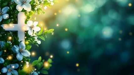A serene Christian cross with white flowers and glowing lights for an Easter and worship video background.