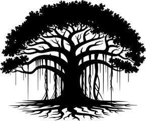 Stylized Banyan Tree Silhouette Vector Art