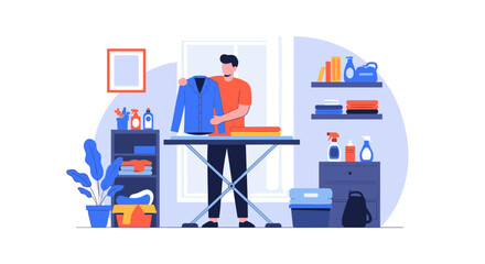 Person ironing clothes on a board with laundry supplies and shelving