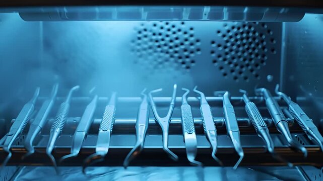 Dental instruments sterilized in a blue-lit autoclave machine, ready for procedure