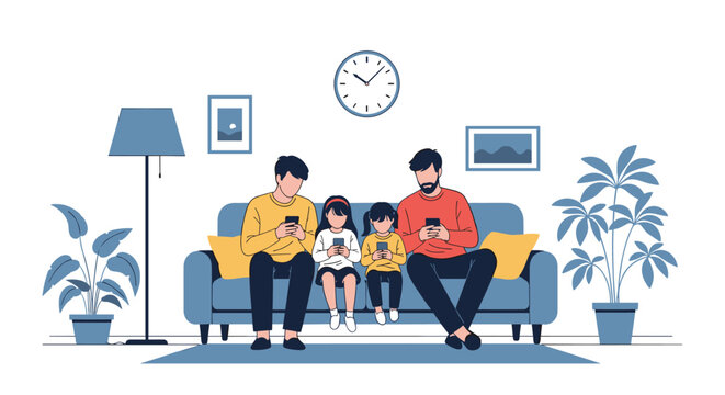 Family engaged with devices while sitting together on sofa indoors modern apartment