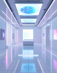 An immersive digital art gallery with a large central screen displaying artwork against a white backdrop
