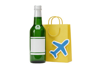 Isolated vacation shopping green bottle and yellow gift bag with blue airplane logo
