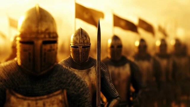 An epic cinematic video of a medieval army with a knight in armor leading soldiers at sunset.