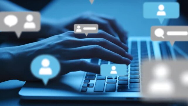 Human Hands Typing on Laptop Keyboard With Social Media Notification Pop Ups
