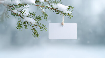 Peaceful winter background with blank tag mockup hanging on snowy branch. beautiful sustainable christmas holiday scene for serene greeting or invitation