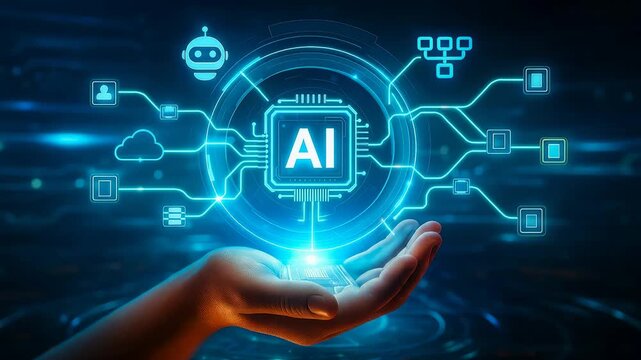 A hand holding a glowing AI chip with digital network connections, showcasing artificial intelligence, machine learning, and data systems. - Powered by Adobe