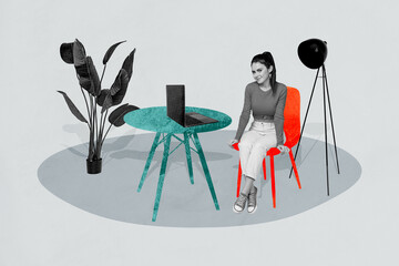 Poster banner creative photo collage of happy businessman businesswoman freelancer sit home indoor...
