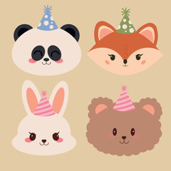 Cute flat animal heads in party hats – panda, rabbit, fox, and bear vector illustration