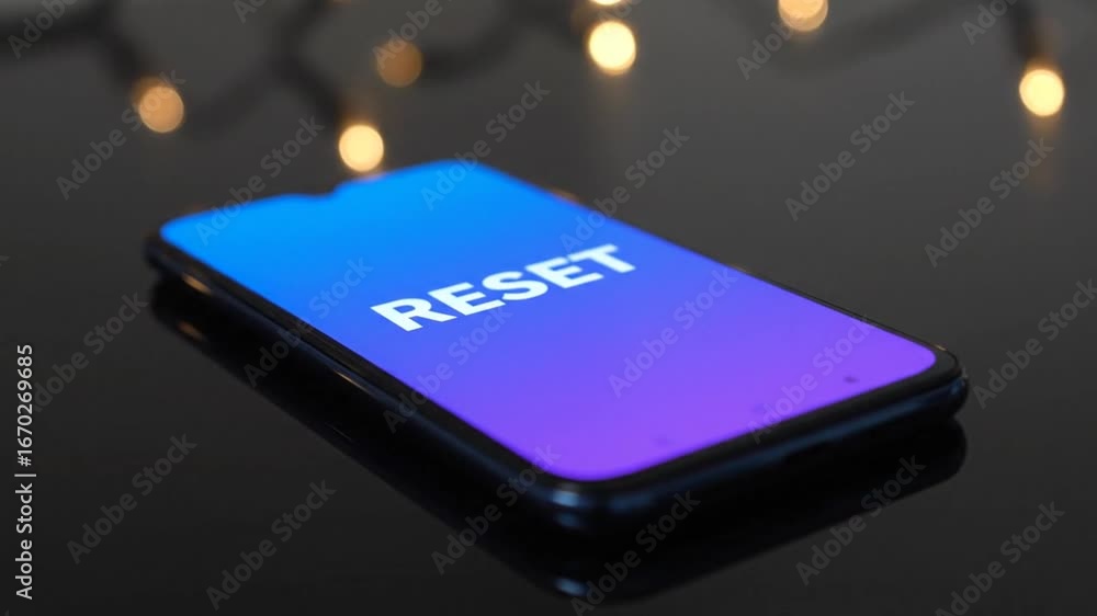 Poster illuminated mobile device displays reset on blue and purple gradient background