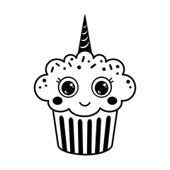 Cute unicorn cupcake clipart, isolated black and white cartoon doodle. Birthday vector illustration.