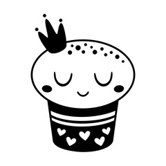 Cartoon cupcake with cute face and crown, isolated black and white doodle. Birthday vector illustration.