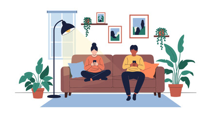 Modern living room with two people enjoying their devices on a couch