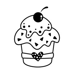 Cute cupcake with cherry, isolated black and white doodle. Birthday vector illustration.