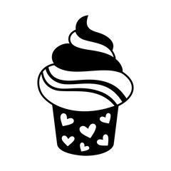 Black and white cupcake clipart, isolated cartoon Birthday doodle. Sweet food vector illustration