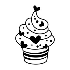 Black and white cupcake clipart, isolated cartoon Birthday doodle. Sweet food vector illustration
