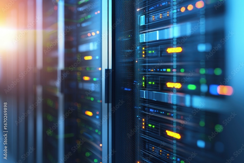 Aufkleber server racks in a modern data center with glowing lights and reflections, perfect for cloud computin