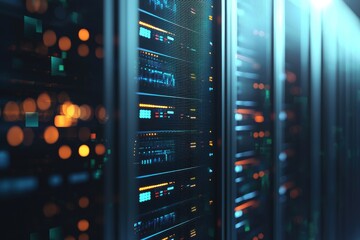 Naklejka premium Data center server racks with glowing orange and blue indicator lights, suitable for cloud computing, IT infrastructure, data storage, networking, and technology concepts