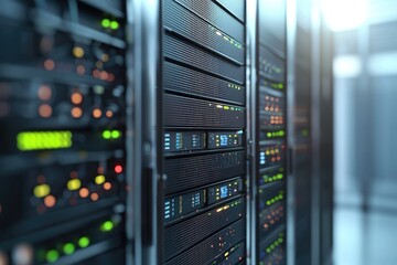 Naklejka premium Modern data center with server racks and glowing indicator lights, great for representing IT infrastructure, cloud storage, networking systems, and digital technology