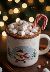 A cozy close-up of hot cocoa served in a festive holiday mug, topped with fluffy marshmallows, a sprinkle of cinnamon, and a striped candy cane. Warm blurred twinkling lights in the background create 