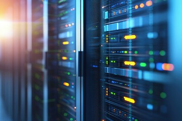Server racks in a modern data center with glowing lights and reflections, perfect for cloud computing, IT infrastructure, digital storage, networking, and technology use cases