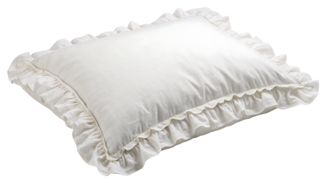 Single white ruffled pillow PNG – Soft decorative cushion isolated on white background. AI GENERATED.
