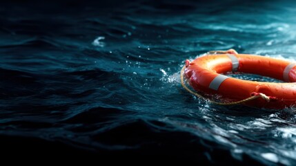 A bright orange lifebuoy floats serenely in deep blue water, symbolizing safety and rescue amid the mystery and depth of the vast ocean environment around it.