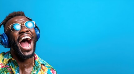 A joyful man wearing headphones and stylish sunglasses, fully immersed in music, evoking feelings of happiness, freedom, and the vibrant energy of life in a bright setting.