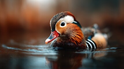 A stunning mandarin duck gliding across serene waters, showcasing its vibrant plumage while blending harmoniously with the tranquil natural surroundings.