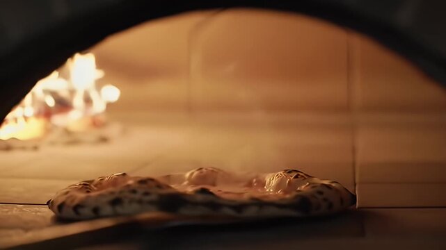 Pizza is cooked in a wood fire oven with flames on the left