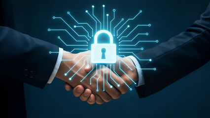 Business Handshake with Holographic Lock and Circuit Lines on White Background
