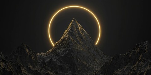 Shard-shaped abstract peak in white outlined by gold eclipse ring on infinite black background