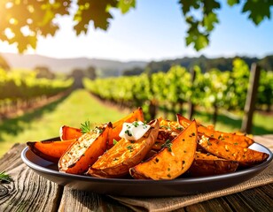 Roasted sweet potato wedges on a plate outdoors