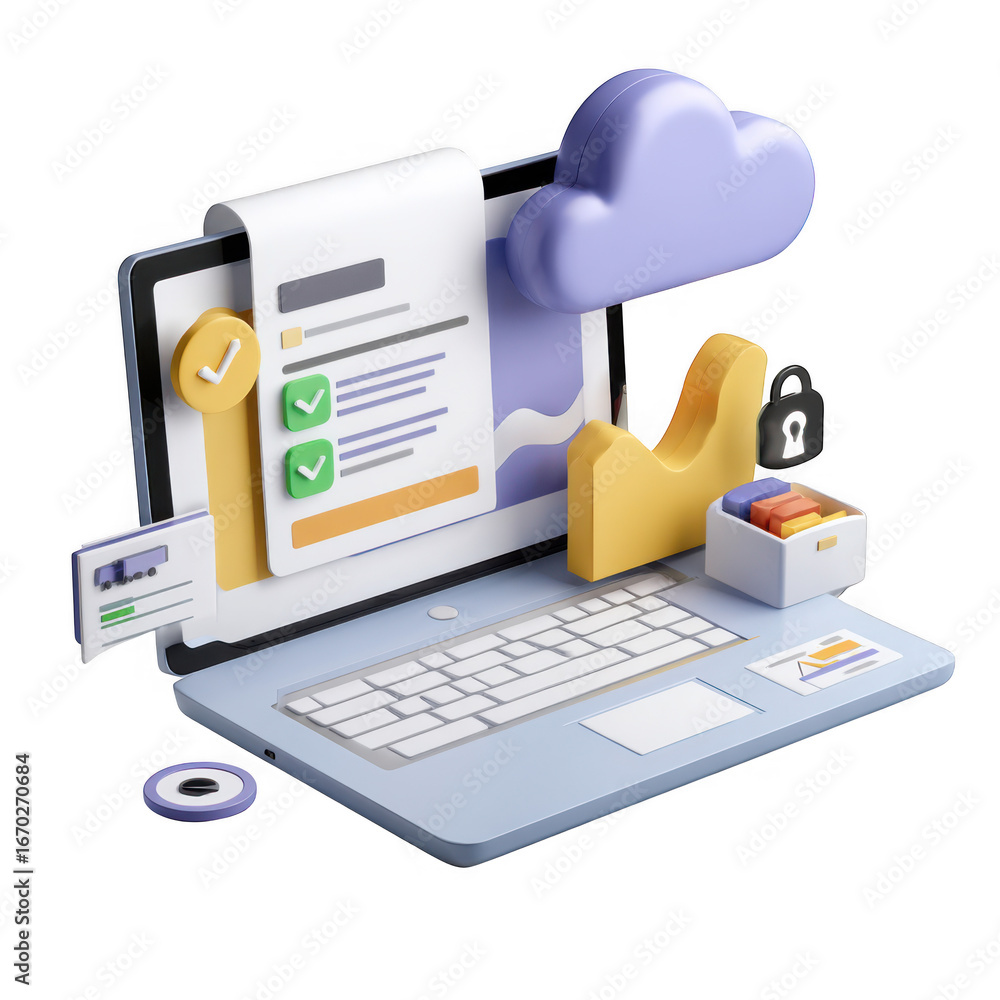 Poster modern digital workflow concept with laptop cloud and documents isolated on transparent background