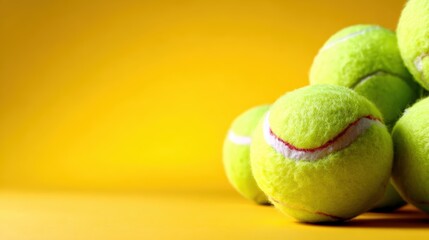 A lively collection of bright yellow tennis balls sits stacked together against a cheerful yellow backdrop, evoking feelings of fun, sportiness, and energy.