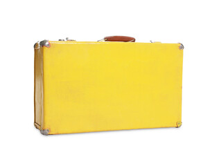 One yellow suitcase isolated on white. Used stuff