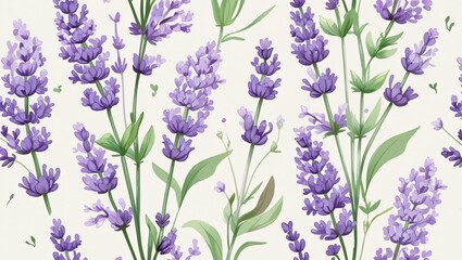 Seamless pattern of blooming lavender sprigs, soft violet and lilac tones