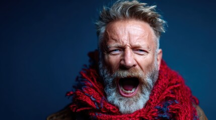 A man with a striking beard and red scarf is seen yelling passionately, his emotions vividly captured against a dark blue backdrop that emphasizes his intensity and energy.
