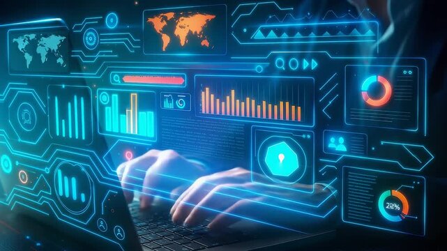 Hands Keyboard World Map Charts Data Technology Display Screen Interface