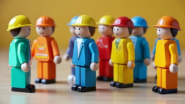 Wooden figurines representing different professions stand in row on wooden surface. Colorful figures wear various uniforms signifying diverse jobs like construction workers, doctors and other.