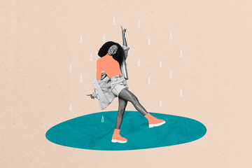 Trend artwork sketch design montage 3D collage of fall rain stormy day outdoors young woman smile...