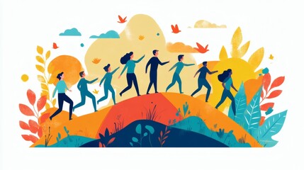 Diverse group of people walking together on a colorful hill, symbolizing teamwork and progress.