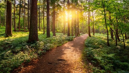Obraz premium world environment day with conservation and action idea serene forest path illuminated by sunset rays