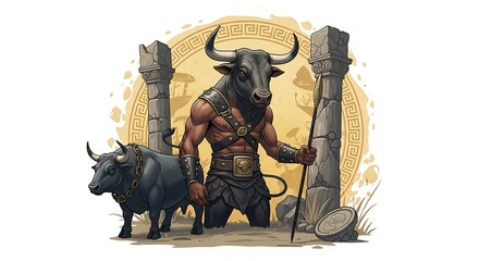 Mythological bull and warrior figure
