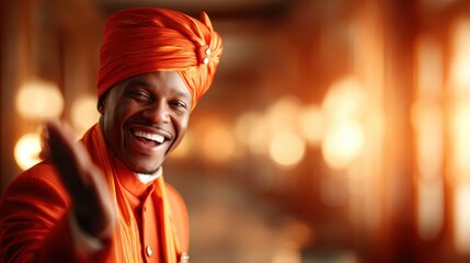 A cheerful man dressed in vibrant orange traditional attire extends his hand in a welcoming gesture, radiating warmth and positivity in a beautifully lit environment.