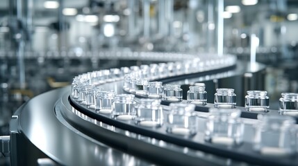 Modern pharmaceutical production line with transparent glass bottles moving on curved silver metal conveyor belt in factory interior