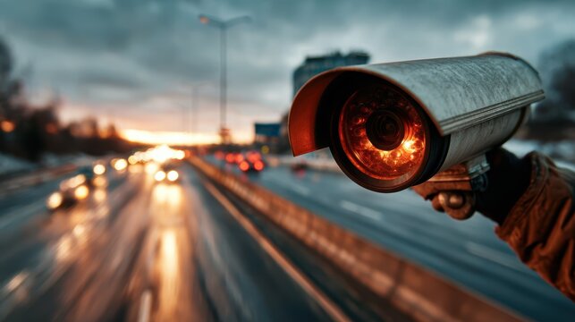 A detailed view of a surveillance camera positioned against a bustling urban backdrop, highlighting security measures and the intersection of technology and city life.