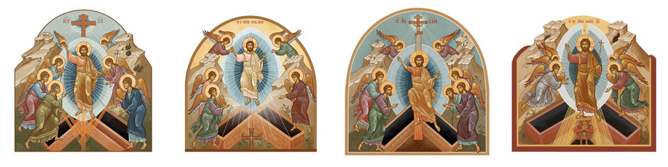 Fototapeta premium Set of isolated religious Orthodox icons of Resurrection in traditional style, Easter 