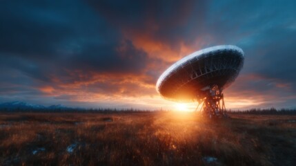 A striking image of a large satellite dish set against a tumultuous sky at sunset, symbolizing technological advancement and our quest for communication in the vast universe.