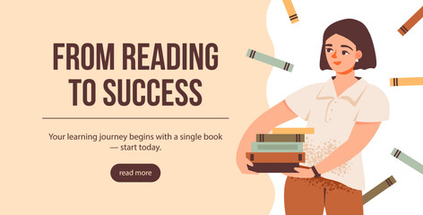 Educational banner design of a girl with books. Ideal for study materials, literature blogs, classroom presentations, and digital learning resources. Flat vector illustration.